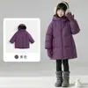 Jaqueta de Penas Infantil Estilo Coreano Nova Moda Unissex Média e Grande Comprimento Médio Espessada com Capuz Puffer de Pato Branco Ganso