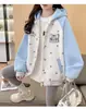 Chaqueta de Moda para Niñas de Primavera y Otoño con Dibujo de Gato, Abrigo de Béisbol con Capucha de Bloques de Color para Niños Mayores y Niñas