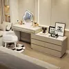 Tocador de madera maciza color crema estilo francés, tocador de princesa minimalista moderno para dormitorio con gabinete de cajones integrado