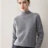 Suéter de Gola Meia-Alta em Tricô de Trança 100% Caxemira Pura Bai Cai Rong Feminino Outono Inverno Casual Malha Solta Camada Base
