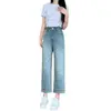 Jeans Vintage Azul Claro para Mujer Otoño Nueva Llegada Combinación Perfecta Cintura Alta Adelgazantes Sueltos Rectos de Ocho Puntos Pierna Ancha