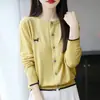 Cárdigan de punto fino de corte holgado para principios de otoño, versátil nuevo estilo de primavera, suéter de lana bordado para mujer de manga larga con cuello redondo y motivo de gatito