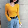 Suéter feminino, versátil para usar em camadas, blusa de tricô gola V slim fit estilo coreano, blusa de baixo justa estilo estudante, camiseta