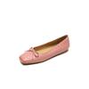 Zapatos planos estilo hada de piel de vaca rosa con lazo, primavera 2025, nuevos, con remaches, cabeza cuadrada, boca baja, de cuero genuino, para mujer.