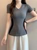 Camiseta de Manga Corta con Bloques de Color y Cuello en V Estilo Americano Picante para Mujer, Verano, Ceñida a la Cintura, Hombro Normal, Ajustada, Delgado, Top Interior