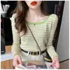 Camiseta básica de punto a rayas ajustada para mujer, estilo fino, nuevo modelo primavera/otoño 2026, manga larga, cuello cuadrado francés