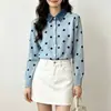 Suéter de malha estilo francês com poá, patchwork de jeans, gola polo, falso conjunto de duas peças, macio e jovial, novo casaco de outono e inverno