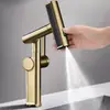 Grifo de Cascada Danza de la Lluvia con Brazo Mecánico en Cuenca Verde para Baño de Casa Encimera Grifo de Oro Cepillado