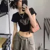 Camiseta Corta de Manga Corta Estilo Retro Americano Holgada Negra para Mujer, Verano Estilo Dopamina Cintura Francesa Ajustada Dulce y Picante Top