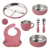 Juego de Vajilla de Acero Inoxidable 304 para Bebés, Plato Dividido con Ventosa, Babero de Silicona, Anticaídas, Juego Completo para Aprender a Comer