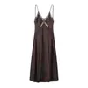 Vestido Midi Feminino de Cetim com Renda Patchwork Novo Estilo de Verão Sexy Decote V Estilo Transfronteiriço