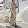 Outono 2026 Nova Roupa Feminina Estilo Casual Europeu e Americano Transfronteiriço Vestido Gola V Solto Listrado Longo
