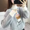Novo suéter curto de veludo cotelê feminino para outono e inverno, peça externa de caimento solto, estilo casual, gola semi-alta, espesso e moderno