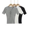 Z432-25 Estilo Nuevo de Primavera Estilo Francés Estilo Puro de Encaje con Cordones Cuello en V Manga Corta Tejido de Punto Elástico Delgado
