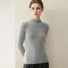 Camiseta básica 100% cachemira pura, nuevo estilo otoño e invierno, cuello semi-alto, corte ajustado, suéter de punto acanalado para mujer
