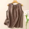 Chaleco sin mangas de color liso de estilo artístico para mujer, top fino de algodón y lino de verano, holgado, adelgazante, blusa de algodón y lino