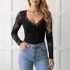 Mono Sexy Nuevo Otoño/Invierno 2026 Europeo y Americano Transfronterizo Negro Cuello en V Patchwork Encaje Manga Larga Body para Mujer