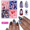 Unhas postiças estilo europeu e americano de 96 peças com bolinhas e listras em cores contrastantes, peças de unha de comprimento médio em formato amêndoa, adesivos de unha da moda francesa