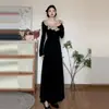 Vestido Longo de Renda Preta com Recortes e Amarração Cruzada para Outono e Inverno, com Saia Longa Evasê Estilo Hepburn de Alto Padrão para Mulheres