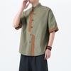 2025 Nova Camisa Masculina de Algodão e Linho Estilo Chinês de Verão Tendência Manga Curta Tamanho Grande Combinação de Cores Retrô Casual Terno Tang