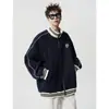 Chaqueta de Béisbol Americana Transfronteriza para Hombre y Mujer Bloque de Color Cárdigan Cuello Alto Superior Holgado Casual Sudadera con Capucha Deportiva Chaqueta
