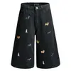 Shorts Jeans com Bordado Divertido de Cachorro Estilo Americano para Homens e Mulheres, Marca Tendência de Verão, Calças Largas Retas Soltas
