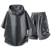 Conjunto Casual de Manga Curta para Esportes de Verão Masculino com Capuz e Meio Zíper T-Shirt 2026 Nova Marca Tendência Solta Conjunto de Duas Peças