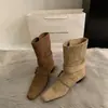 Botines cortos de estilo francés 2026, nuevo diseño vintage de punta cuadrada a media pantorrilla, botas vaqueras versátiles para mujer, botas de otoño de nicho