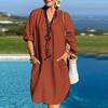 Vestido Wish Europeo y Americano Transfronterizo Nuevo de Lino para Mujer de Color Puro y Manga Larga con Cuello en V