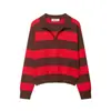 Roupas femininas de comércio exterior europeu e americano transfronteiriço ZA, populares no AliExpress, suéter de malha casual listrado vintage de outono com gola polo