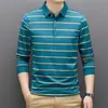 Camisa polo de rayas finas para hombre, camiseta base de manga larga, casual y versátil, estilo retro japonés, top azul para hombre