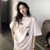 Camiseta de Manga Corta Estampada Pintada a Mano Transfronteriza para Mujer Verano Nueva Estilo Universitario Coreano Suelta Combinable Top Negro de Moda para Mujer