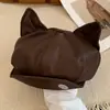 Sombrero Octagonal de Orejas de Gato para Mujer, Sombrero Retro Japonés de Otoño e Invierno, Boina Linda Versátil, Sombrero de Pintor de PU Adelgazante