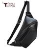 Riñonera multifuncional de moda de cuero personalizada de fábrica unisex de cuero de primera capa bolsa de pecho negra se puede hacer para prueba