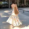 Vestido de Suspensório Color Block Tie-Dye com Patchwork de Renda Estilo Resort para Mulheres, Longo Bodycon Plissado sem Costas para o Verão