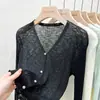 Cárdigan de punto con cuello de seda helada para protección solar, estilo fino de verano para mujer, chaqueta corta tipo chal blanco para aire acondicionado