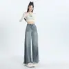 2026 Jeans de Pierna Ancha con Dobladillo Crudo Azul Claro para Mujer Nuevo Diseño Cintura Alta Holgados con Caída Pantalón Falda de Largo Hasta el Piso Dropshipping