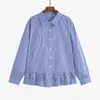 Camisa de mujer de talla grande con cuello polo y volantes, estilo otoño 2026 para mujeres de talla grande, camisa a rayas con volantes rejuvenecedora NS1391