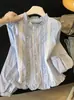 Camisa coreana de manga larga para mujer, nuevo modelo de principios de otoño, top estilo muñeca petite, blanco y azul