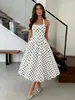 A395 Vestido Casual de Mujer Estilo Europeo y Americano Ins Transfronterizo Ajustado con Cintura Ceñida Estampado de Lunares Falda Línea A Sin Mangas Vestido Camisola para Exteriores