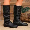 Otoño 2026 Nuevas Botas Altas hasta la Rodilla Plisadas de Punta Redonda Talla Grande para Mujer Suela Plana Cremallera Lateral Transfronteriza Adelgazantes Ligeras Botas Arrugadas