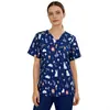 Blusa de Uniforme Estampada con Cuello en V para Mujer, Elástica de Secado Rápido, Uniforme para Salón de Peluquería de Mascotas, Doctor, Enfermera, Manga Corta
