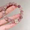 Pulseira de Cristal Rosa Natural com Contas, Simples e Doce Fio de Contas Flor de Pessegueiro Joias, Temperamento Fresco para Mulheres, Gato da Sorte