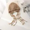 Gorro de Punto Tejido a Mano Estilo Retro con Flores Caladas para Mujer Otoño Borla de Perlas Gorro de Punto Delgado Estilo Étnico