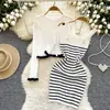 Atmosfera Francesa Elegante Conjunto de Malha Feminino Inverno Vestido de Listras com Alça Jaqueta Cardigan Eagerie