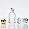 Botella Recargable de 50 ml con Tapa a Presión, Botella de Vidrio de Alta Gama para Perfume con Atomizador, Botella Vacía con Tapa de Madera Portátil Tipo Pulsador