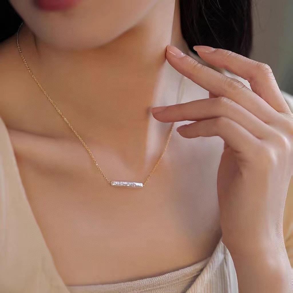 方形银条天然淡水巴洛克珍珠项链轻奢简约个性锁骨链女