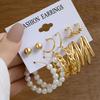 Set de Pendientes Geométricos Dorados Retro de Venta Caliente Transfronteriza para Mujer, Pendientes de Aro con Perlas de Moda, Pendientes con Incrustaciones de Diamantes al por Mayor