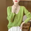 Cárdigan de punto trenzado de nicho transfronterizo, top de manga larga estilo francés, abrigo corto para mujer de cuello en V holgado, efecto adelgazante