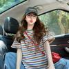 Camiseta de Algodón Puro con Parches de Encaje a Rayas de Estilo Suave para Mujer, Versión Coreana, Diseño Holgado con Graffiti que Reduce la Edad, Top Adelgazante